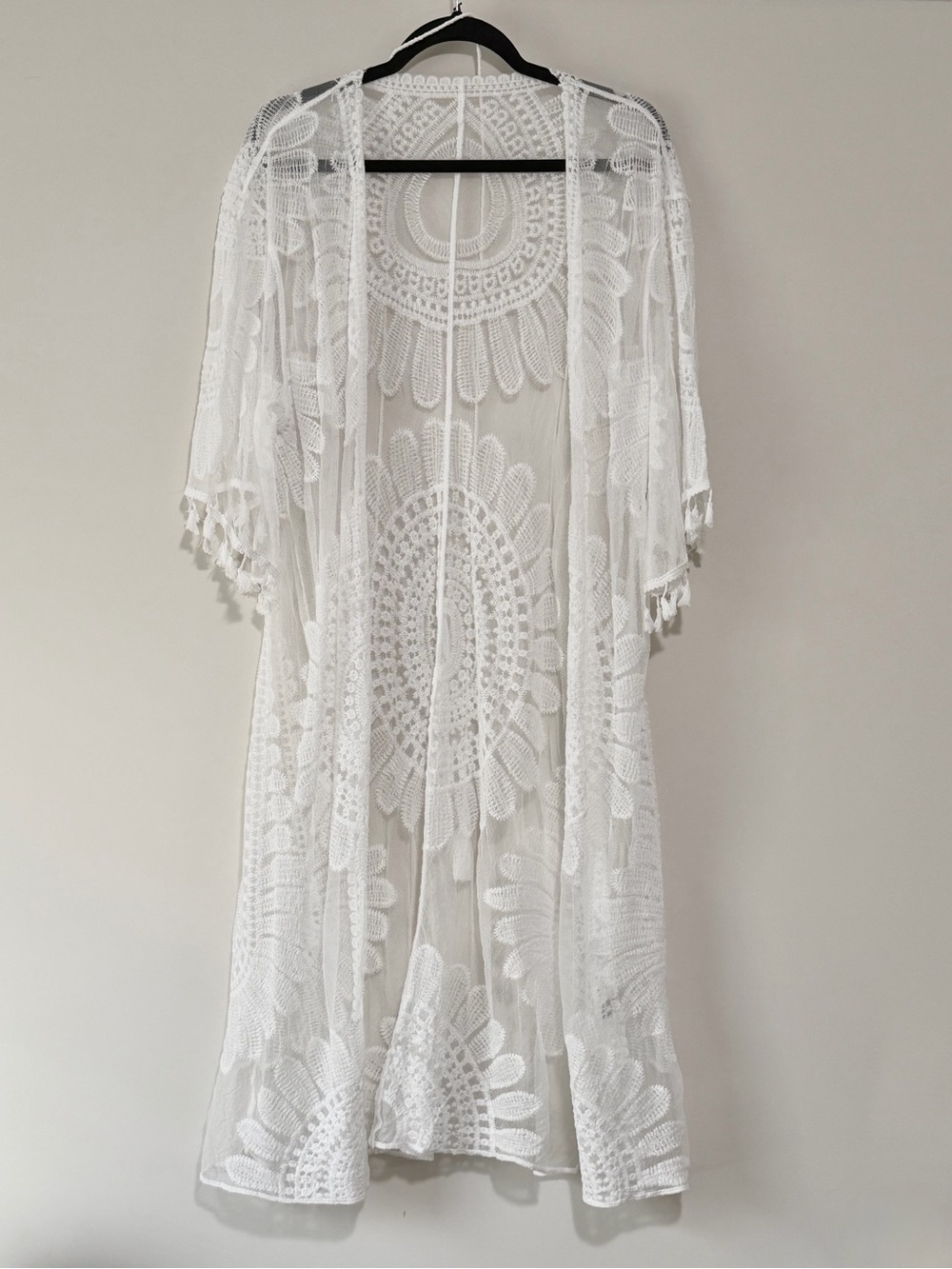 White Lace Boho Open-Front Kimono Cardigan with Waist Tie